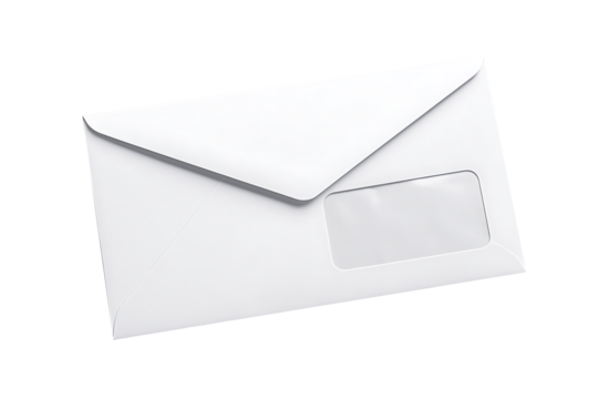 A white business envelope with a window centered and the flap open is presented diagonally on a plain gray surface isolated on transparent background
