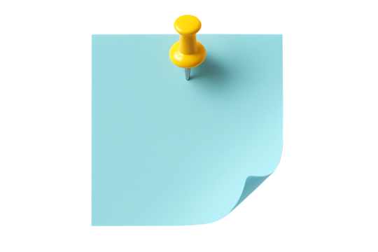 A light blue square sticky note with a yellow push pin centered at the top is attached to a gray surface isolated on transparent background
