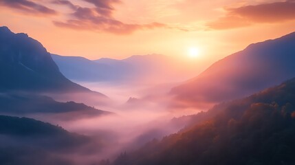 Obraz premium Serene misty mountain valley at sunrise, featuring breathtaking views and atmospheric hues in ultra HD quality.