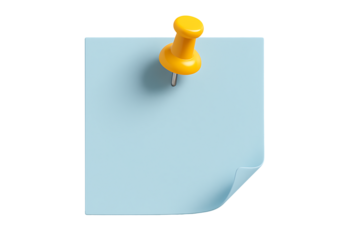 A square light blue adhesive note pinned with a prominent yellow thumbtack is floating against a soft gray background isolated on transparent background