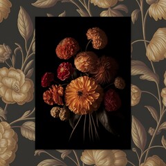 Vintage bouquet of beautiful flowers on black. Floral background. Baroque old fashiones style. Natural pattern wallpaper or greeting card