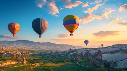 Obraz premium Stunning high-quality background featuring colorful hot air balloons soaring above a lush green valley, vibrant and full of life.