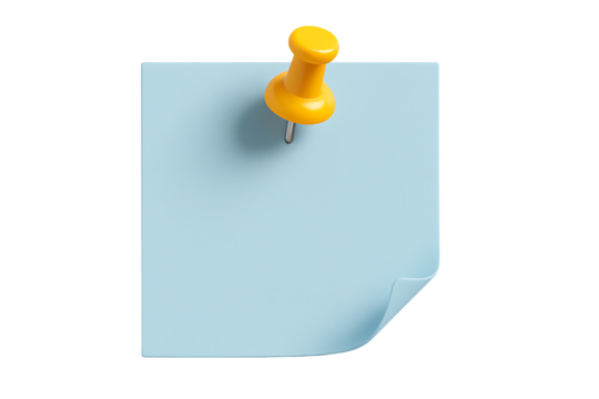 A square light blue adhesive note pinned with a prominent yellow thumbtack is floating against a soft gray background isolated on transparent background