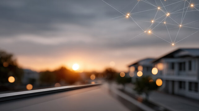 Modern suburban neighborhood at sunset with glowing network connections in sky, symbolizing smart technology integration