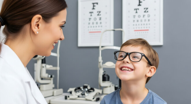 Young boy with glasses enjoys a cheerful interaction with female optometrist in a contemporary eye clinic, featuring advanced optical tools and eye charts for a professional atmosphere