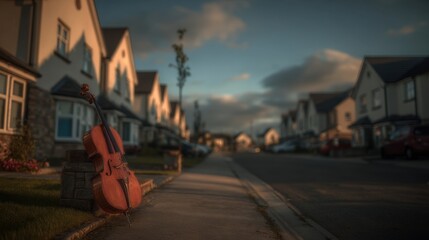 A cello rests on a wall in a suburban neighborhood, blending music with everyday life under a soft, atmospheric sky.