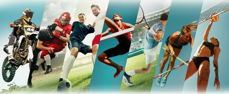 Sport composition showing athletes in motion with vivid stadium lighting. Concept of global sports culture and teamwork for event campaigns and fitness promotion.