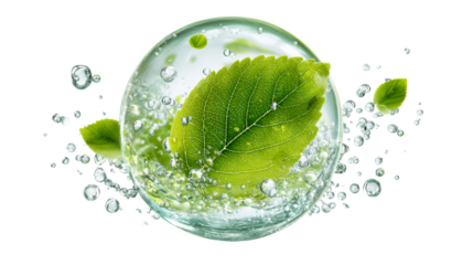 Green Leaf in Water Sphere with Bubbles