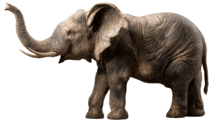 Elephant raising trunk on white background