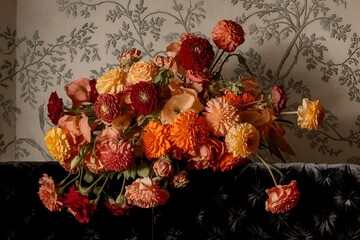 Vintage bouquet of beautiful flowers on black. Floral background. Baroque old fashiones style. Natural pattern wallpaper or greeting card