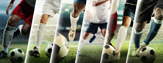 Dynamic collage capturing soccer players legs in play, full of intensity and speed. Concept of teamwork, precision, and motion for football advertising and editorial visuals. © master1305