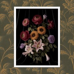 Vintage bouquet of beautiful flowers on black. Floral background. Baroque old fashiones style. Natural pattern wallpaper or greeting card