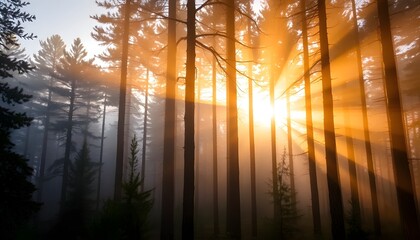 "Golden hour forest with mist and sunbeams piercing through tall pine trees"
