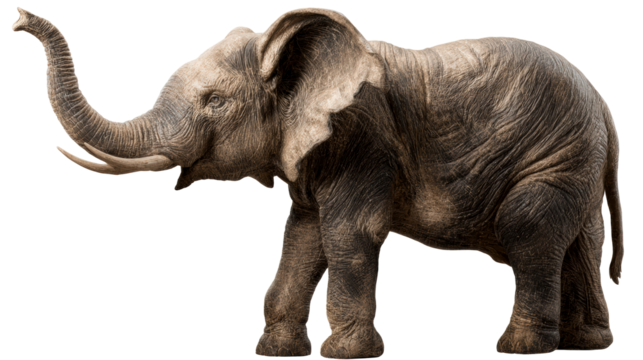 Elephant raising trunk on white background