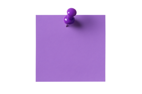 Pair of purple thumbtacks pressing down on a square lavender note paper sheet simple office supply isolated on transparent background