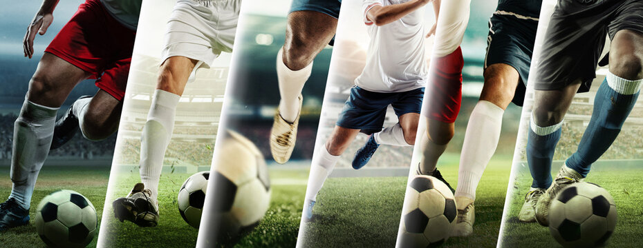 Dynamic collage capturing soccer players legs in play, full of intensity and speed. Concept of teamwork, precision, and motion for football advertising and editorial visuals.