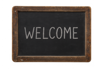 Welcome chalkboard sign with vintage wooden frame offering greeting and hospitality message on transparent background