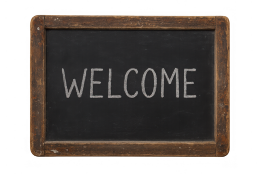 Welcome chalkboard sign with vintage wooden frame offering greeting and hospitality message on transparent background