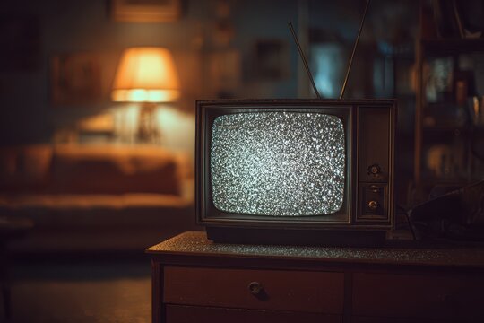 Old wooden TV cabinet with screen filled by noisy white static