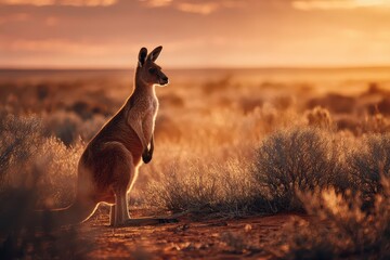 Open Australian Landscape with a Kangaroo at Sundown