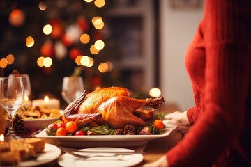 A woman serving roasted turkey on the table and celebrating holiday dinner thanksgiving tradition.