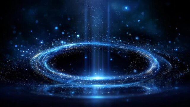 Abstract glowing blue portal with swirling particles and light beams on a dark starry background