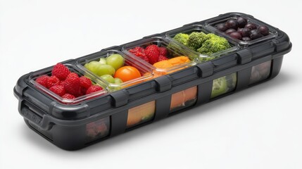 Fresh Fruit and Vegetable Assortment: A vibrant selection of fresh fruits and vegetables artfully arranged in individual compartments, promoting healthy eating and balanced nutrition. 