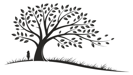 Fototapeta premium A solitary figure stands beneath the sprawling branches of a stylized deciduous tree, its silhouette stark against a white background, with grass swaying gently.