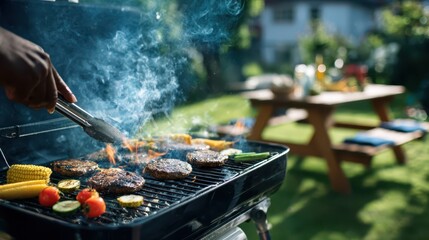 Outdoor grilling moment: sizzling burgers and vegetables on a grill in a sunlit backyard