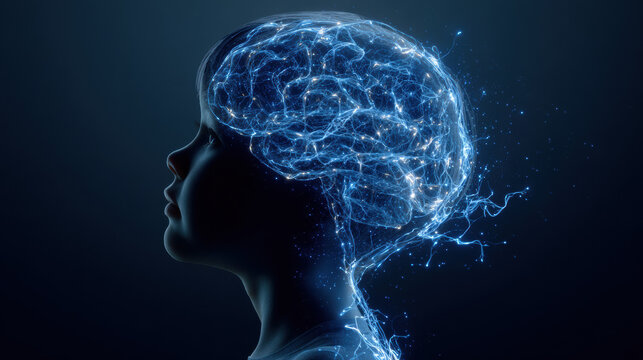Silhouette of child with glowing blue neural network brain, concept of artificial intelligence, cognitive development and human learning represented through digital connections - Powered by Adobe