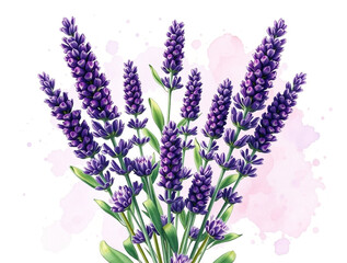 Naklejka premium Watercolor Illustration of Lavender Stems flowers purple
