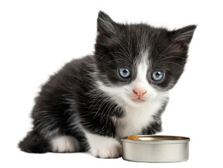Little cat isolated, young kitten eating canned cat food, adorable kitten close-up portrait, isolated on a transparent background, professional pet photography, pet food advertising concept