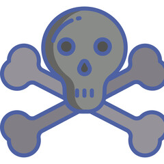 Gray Skull and Crossbones Symbol on Transparent Background Indicating Danger and Poisonous Substance with Blue Outline and Dark Gray Eyes and Nose