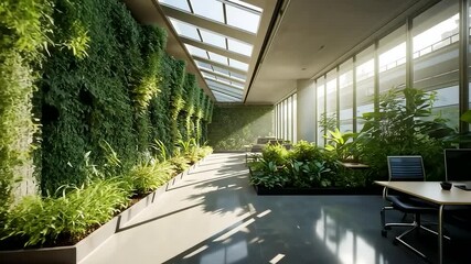 Bright Modern Office Corridor with Extensive Vertical Green Living Wall and Large Windows - Powered by Adobe