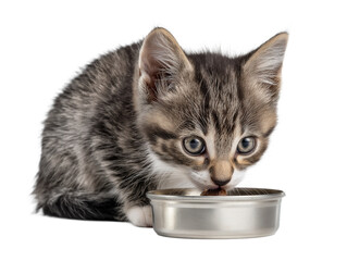 Little cat isolated, young kitten eating canned cat food, adorable kitten close-up portrait, isolated on a transparent background, professional pet photography, pet food advertising concept