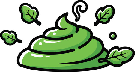 Green Poo with Spinach Leaves Steam and Droplets White Background Simple Cartoon Style