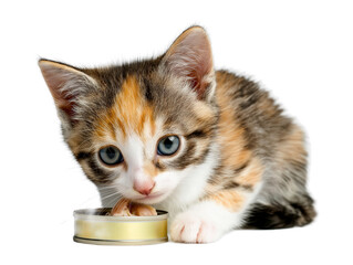 Little cat isolated, young kitten eating canned cat food, adorable kitten close-up portrait, isolated on a transparent background, professional pet photography, pet food advertising concept