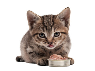 Little cat isolated, young kitten eating canned cat food, adorable kitten close-up portrait, isolated on a transparent background, professional pet photography, pet food advertising concept