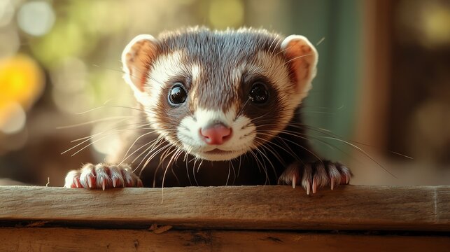 A curious ferret explores a wooden table, showcasing its intricate fur details and expressive features in this ultra close-up shot.