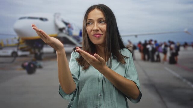 Young brunette woman showing palms up gesture on airport tarmac near airplane and passenger queue at terminal outdoors; travel patience.