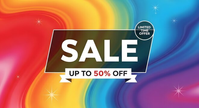 Sale banner with colorful gradient background and fifty percent offer