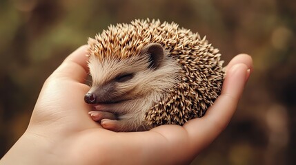 A photo-realistic macro shot of a hedgehog curled up in a palm, captured in soft natural lighting, highlighting its textures and details.