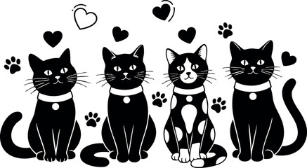 Four black and white cats with hearts and paw prints vector illustration 