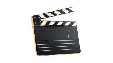 An isolated black and white movie clapperboard or film slate on a white background signifies cinema production action