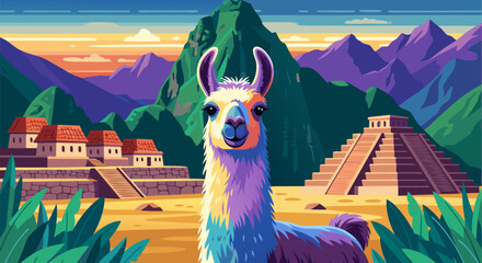 Obraz premium Colorful llama in front of Machu Picchu with a pyramid. South American travel and animals concept