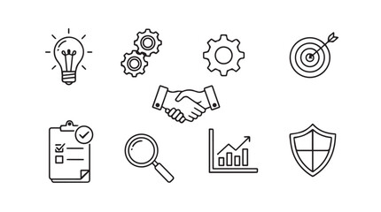 Collection of business concept icons in a hand drawn silhouette style including a lightbulb gears handshake target magnifying glass chart and shield silhouette