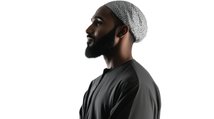 Man in dark thobe and white prayer cap side view
