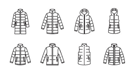 Collection of eight winter puffer jacket and vest fashion illustrations in a clean silhouette style © MstMili