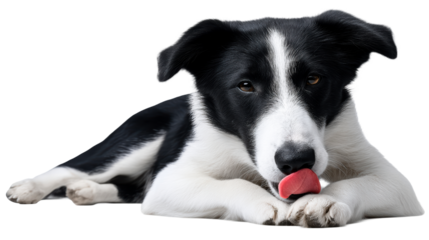 Young black and white dog licks paw on white background