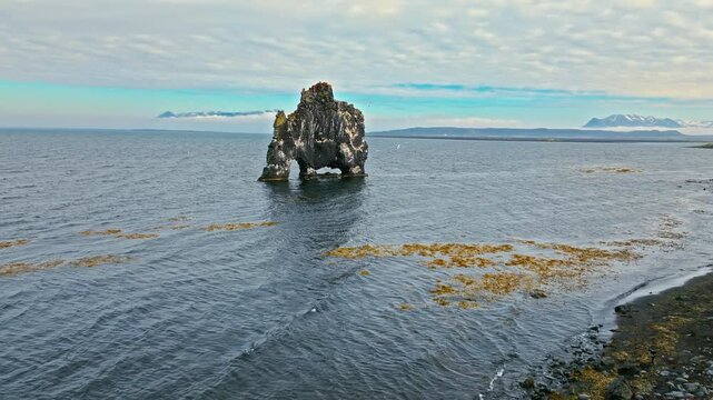 Aerial view of Hvítserkur basalt sea stack, Iceland. Iconic natural landmark along the North Icelandic coastline.